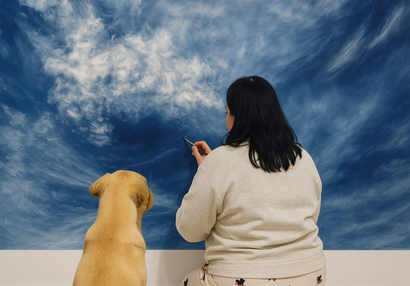 Samantha Ellis with dog in studio